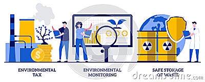 Environmental tax, environmental monitoring, safe storage of waste concept with tiny people. Fighting ecological problems abstract Vector Illustration