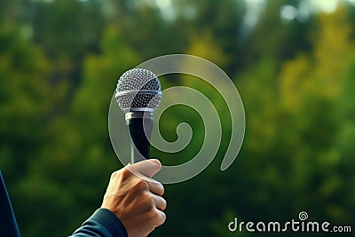 Environmental voice Hand holds microphone against green forest backdrop Stock Photo