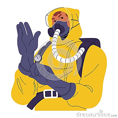 Environmentalist wearing mask, rubber gloves, protective suit, respirator. Person takes safety precautions to Vector Illustration