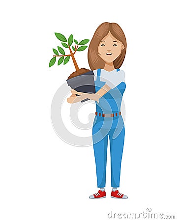 Environmentalist woman with tree plant character Vector Illustration