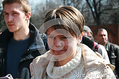 Environmentalists Yevgenia Chirikova and Yaroslav Nikitenko at the meeting of defenders of the Khimki forest Editorial Stock Photo