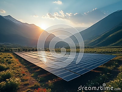 Environmentally friendly installation of photovoltaic power plant situated in the mountains. Stock Photo