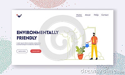 Environmentally Friendly Landing Page Template. Business Man Watering Green Potted Plant in Office, Male Employee Vector Illustration