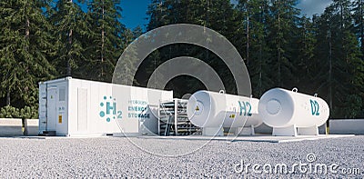 Environmentally friendly solution of renewable energy storage - hydrogen gas to clean electricity facility situated in forest envi Stock Photo