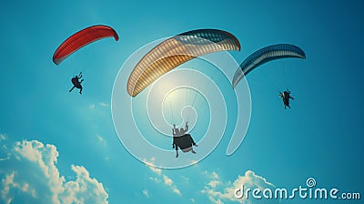 Envision the breathtaking spectacle of people paragliding against a backdrop of endless blue sky, their silhouettes gliding Stock Photo