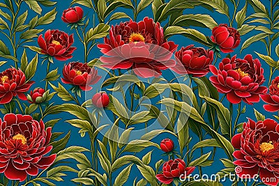 Envision a captivating scene with red blooming peonies, their lush petals gracefully arranged Stock Photo