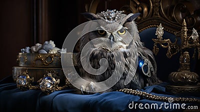 Envision a chic owl in a feathered cape, accessorized with a bejeweled crown and opal earrings Stock Photo