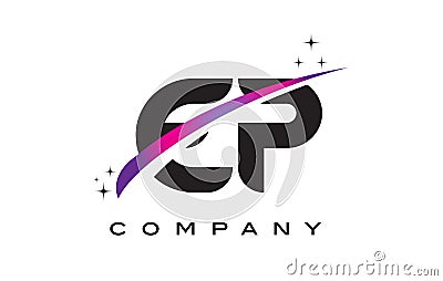 EP E P Black Letter Logo Design with Purple Magenta Swoosh Vector Illustration