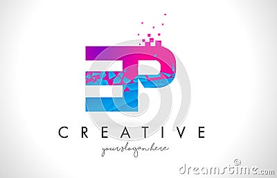 EP E P Letter Logo with Shattered Broken Blue Pink Texture Design Vector. Vector Illustration