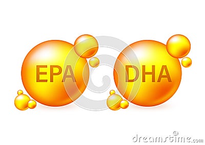 EPA, DHA Vector Drops Set. Chemical formula .Shining golden substance drop. Vector Illustration