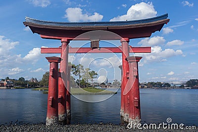 Epcot - World Showcase Lagoon with Spaceship Earth in the background. Editorial Stock Photo