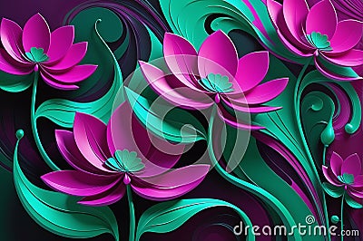 Ephemeral Blooms: Abstract Painting of Amorphous Flowers Blending with a Vibrant Background, Swirls of Magenta and Emerald Stock Photo