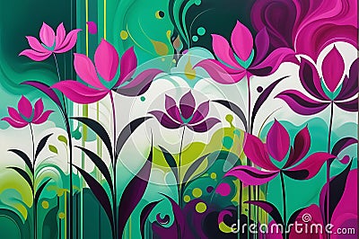 Ephemeral Blooms: Abstract Painting of Amorphous Flowers Blending with a Vibrant Background, Swirls of Magenta and Emerald Stock Photo