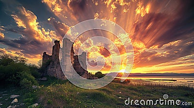 Ephemeral Echoes: Ancient Ruins in Sunset's Embrace Stock Photo