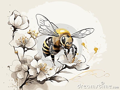 Ephemeral Flight: SumiE Bee Stock Photo