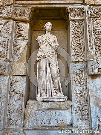 Ephesus Ancient City Celsus Library, Statue of Sophia Editorial Stock Photo