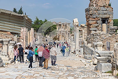 Ephesus - Curetes Street Tourists and Library of Celsus Editorial Stock Photo