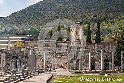 Ephesus - Library of Celsus and Gate of Mazeus and Mithridates Editorial Stock Photo