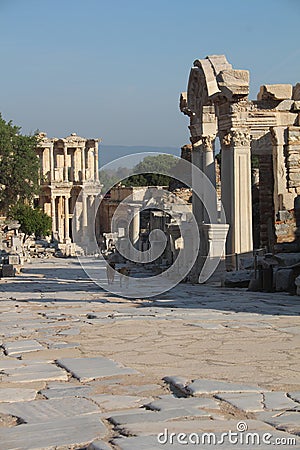 Ephesus Turkey Curetes street with ancient pavement temple of Hadrian and library Stock Photo