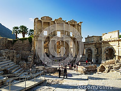Tourists visiting the ruins Celsius Library of the ancient city, Ephesus, Turkey Editorial Stock Photo