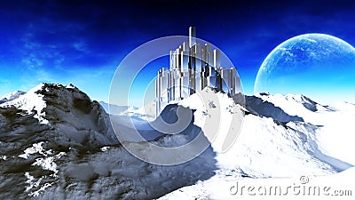 Epic Alien Fortress In Arctic Cartoon Illustration