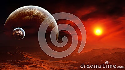 Epic Alien Planet Burning Sky Stock Photo