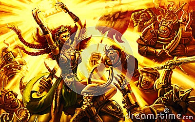 Epic battle magic warrior girl with the army of darkness. Stock Photo