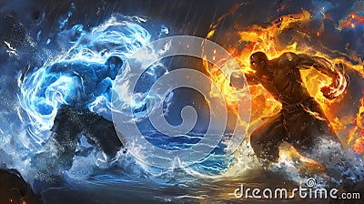 Epic battle between two elemental titans, one wreathed in flames, the other in swirling water, amidst a stormy sea backdrop. Cartoon Illustration