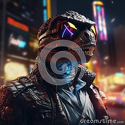 Epic Cyberpumk Dinosaur Neon Retro Wave Style Stock Photo