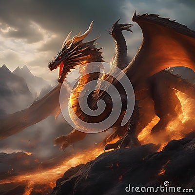 Epic dragon battle in a fiery landscape Dynamic and intense illustration with mythical creatures2 Cartoon Illustration