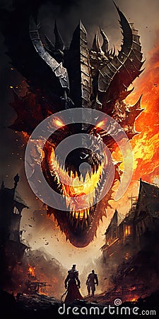 Epic dragon blasts the battlefield with fire on warrior, concept of Fantasy world, created with Generative AI technology Stock Photo