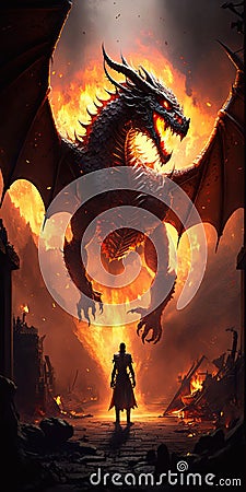 Epic dragon blasts the battlefield with fire on warrior, concept of Fantasy world, created with Generative AI technology Stock Photo