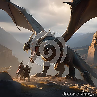 Epic dragon hunt, Fearless hunters tracking down a legendary dragon amidst rugged terrain and ancient ruins1 Stock Photo