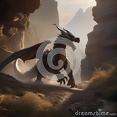 Epic dragon hunt, Fearless hunters tracking down a legendary dragon amidst rugged terrain and ancient ruins4 Stock Photo