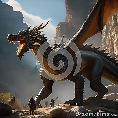 Epic dragon hunt, Fearless hunters tracking down a legendary dragon amidst rugged terrain and ancient ruins1 Stock Photo