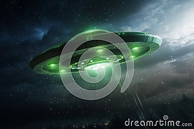 Epic encounter, UFO spaceship flies in night sky, green alien watches Stock Photo