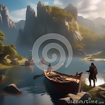 Epic fantasy quest, Fellowship of adventurers embarking on a perilous quest across diverse landscapes and confronting mythical b Stock Photo