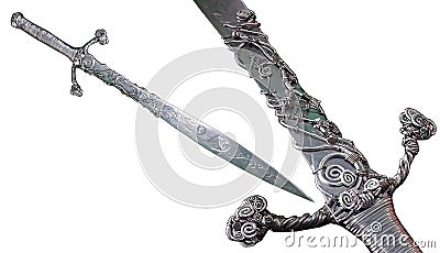 Elven silver sword with steel spiral decorative patterns in a white background. Stock Photo