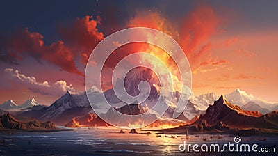 Epic Fantasy Scene: Volcano Of South Beach In Arctic Fox Region Stock Photo