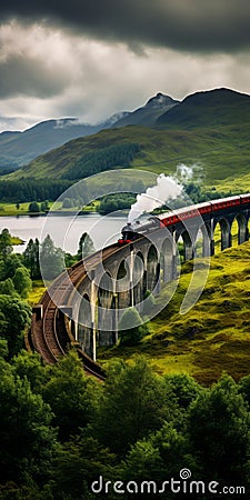 Epic Fantasy Train Crossing Glenfinnan Viaduct In Scottish Landscape Stock Photo