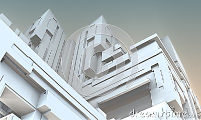 Epic and glorious 3d view of fictional epic building in dramatic perspective from the bottom to the sky. Stock Photo