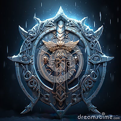 Epic High Fantasy Norse mythology Viking themed logo coat of arms emblem Stock Photo