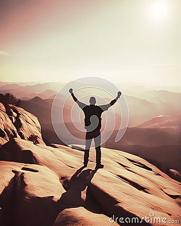 Epic Journey The Silhouette of a Victorious Man on the Summit Stock Photo