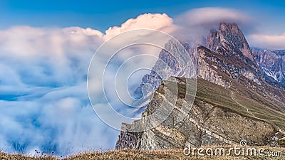 Epic Misty Morning Landscape of Dolomites Alps. Majestic Seceda Peak Tyrol, Italy, Europe Stock Photo