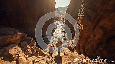 Epic Portraiture: Young Woman Running To Her Horse Near Canyon Stock Photo