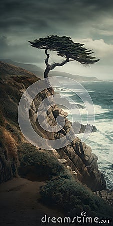 Epic Sci-fi Fantasy Image Of Ridge With Coastal Cypress Tree Stock Photo