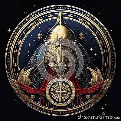 An epic scifi fantasy brand corporate logo, emblem or insignia, depicting space exploration and futuristic alien landscapes in Stock Photo