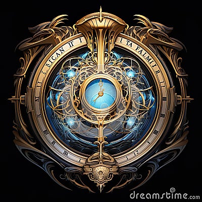 An epic scifi fantasy brand corporate logo, emblem or insignia, depicting space exploration, time travel and discovery Stock Photo