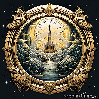 An epic scifi fantasy brand corporate logo, emblem or insignia, depicting space exploration, time travel and discovery Stock Photo