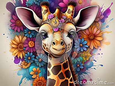 An epic splash art of bohemian steampunk cute and adorable little giraffe with flowers, animal, adorable, colorful painting Stock Photo